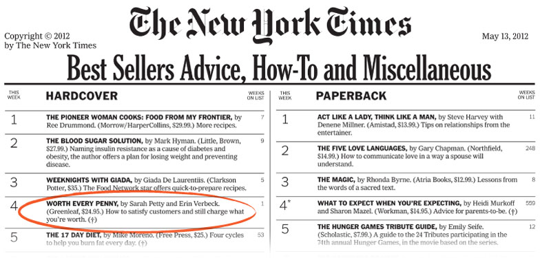 New York Times Book Review Best Selling business book "Worth Every Penny" by Sarah Petty & Erin Verbeck New York Times Best Seller List 